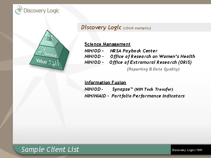 Discovery Logic (client examples) Science Management NIH/OD - NRSA Payback Center NIH/OD - Office