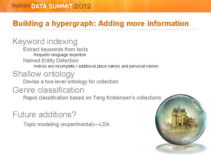 Building a hypergraph: Adding more information Keyword indexing Extract keywords from texts Requires language