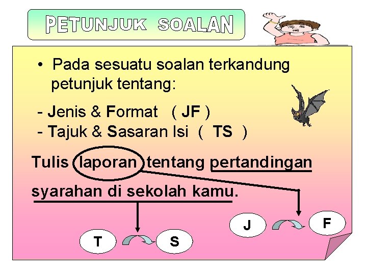  • Pada sesuatu soalan terkandung petunjuk tentang: - Jenis & Format ( JF
