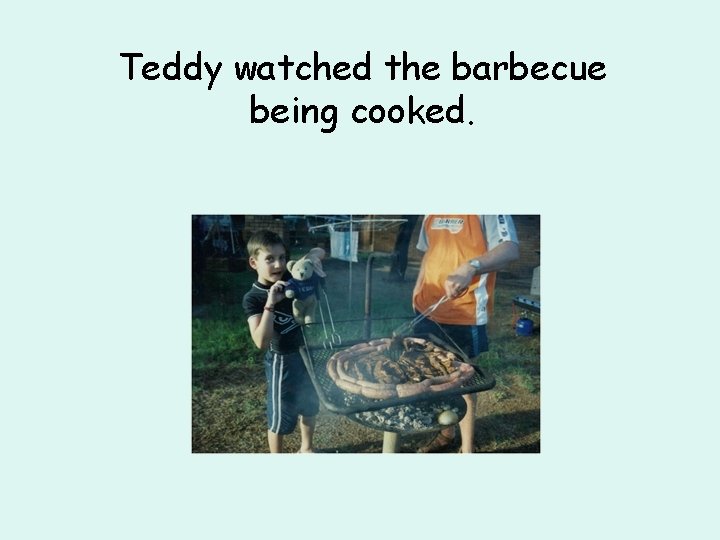 Teddy watched the barbecue being cooked. 