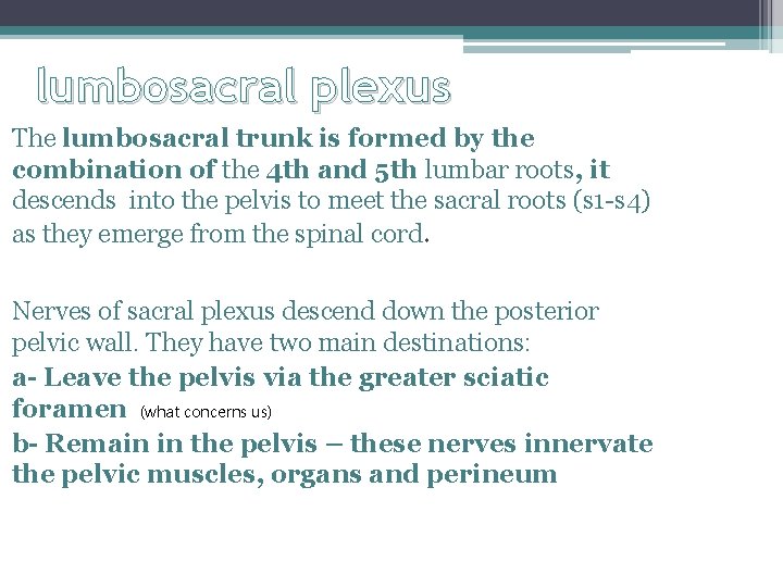 lumbosacral plexus The lumbosacral trunk is formed by the combination of the 4 th