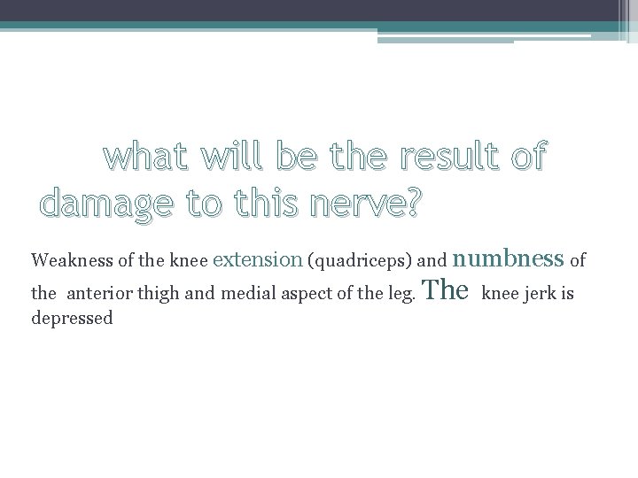 what will be the result of damage to this nerve? Weakness of the knee