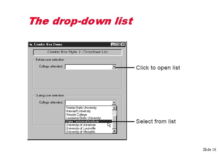 The drop-down list Slide 16 