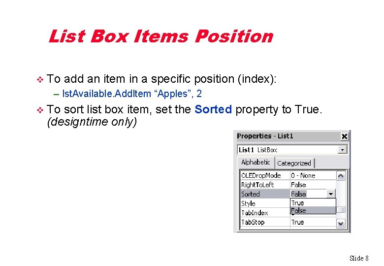 List Box Items Position v To add an item in a specific position (index):