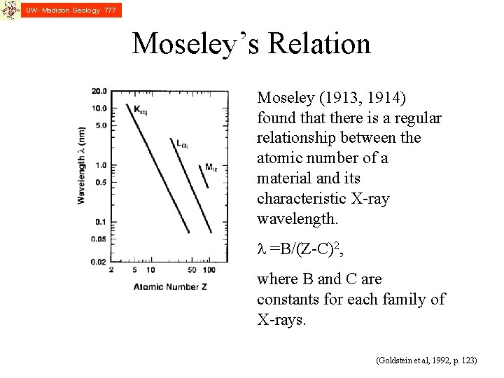 UW- Madison Geology 777 Moseley’s Relation Moseley (1913, 1914) found that there is a