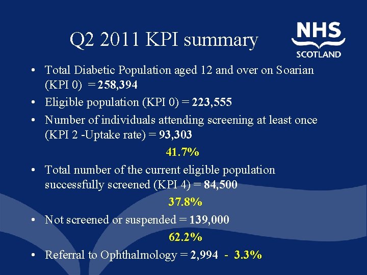  Q 2 2011 KPI summary • Total Diabetic Population aged 12 and over