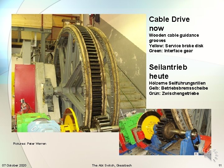 Cable Drive now Wooden cable guidance grooves Yellow: Service brake disk Green: Interface gear