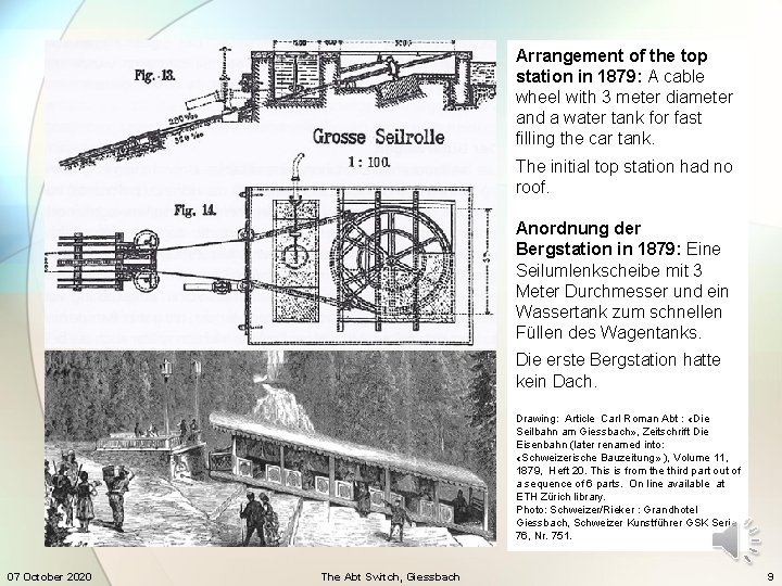 Arrangement of the top station in 1879: A cable wheel with 3 meter diameter