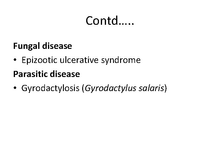 Contd…. . Fungal disease • Epizootic ulcerative syndrome Parasitic disease • Gyrodactylosis (Gyrodactylus salaris)