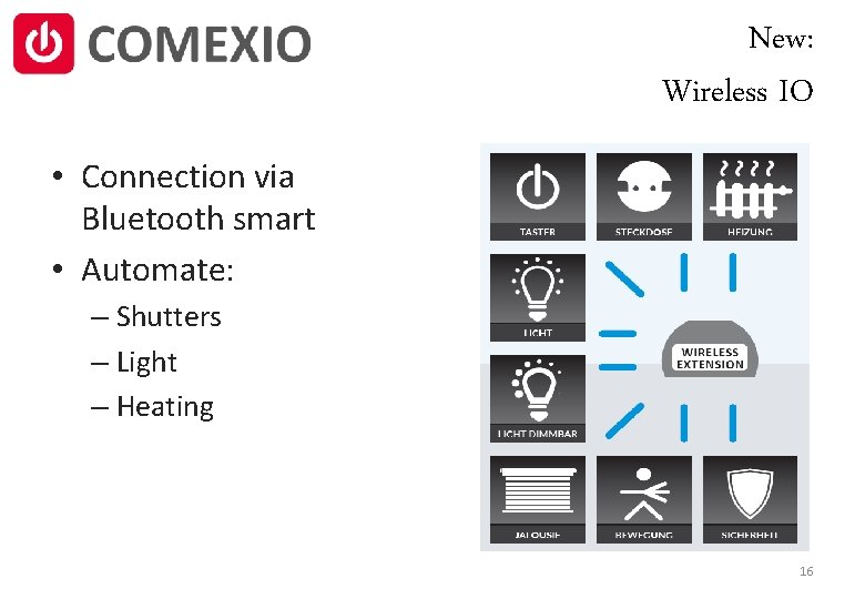 New: Wireless IO • Connection via Bluetooth smart • Automate: – Shutters – Light