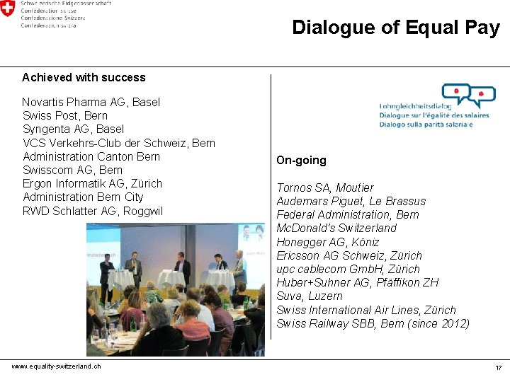 Dialogue of Equal Pay Achieved with success Novartis Pharma AG, Basel Swiss Post, Bern