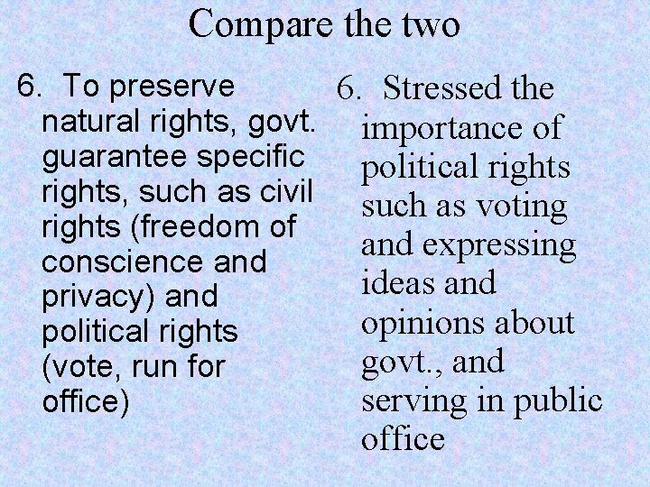 Compare the two 6. To preserve 6. Stressed the natural rights, govt. importance of