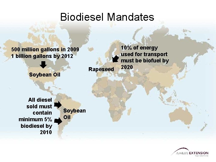 Biodiesel Mandates 500 million gallons in 2009 1 billion gallons by 2012 Rapeseed Soybean