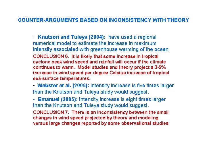 COUNTER-ARGUMENTS BASED ON INCONSISTENCY WITH THEORY • Knutson and Tuleya (2004): have used a