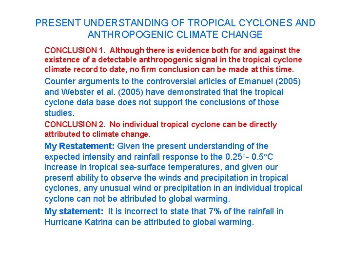 PRESENT UNDERSTANDING OF TROPICAL CYCLONES AND ANTHROPOGENIC CLIMATE CHANGE CONCLUSION 1. Although there is