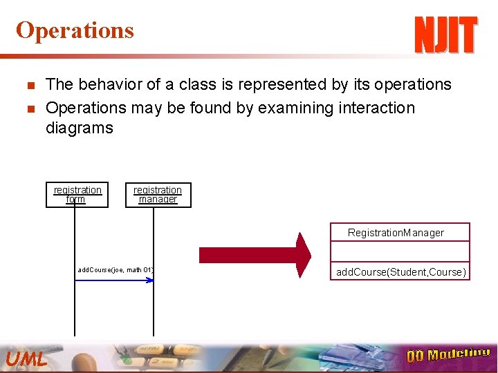 Operations n n The behavior of a class is represented by its operations Operations