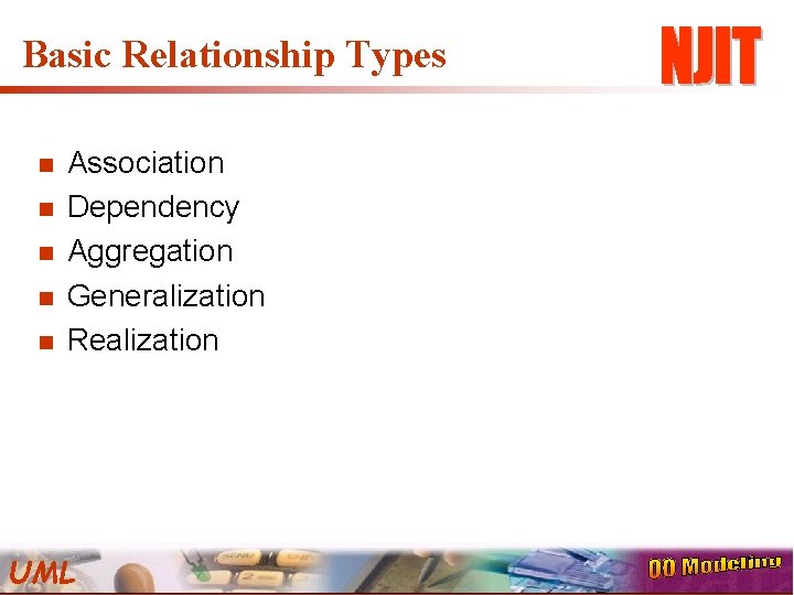 Basic Relationship Types n n n Association Dependency Aggregation Generalization Realization UML 