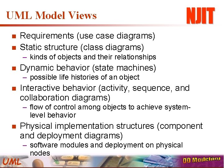 UML Model Views n n Requirements (use case diagrams) Static structure (class diagrams) –