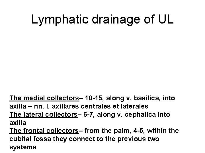 Lymphatic drainage of UL The medial collectors– 10 -15, along v. basilica, into axilla
