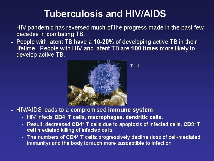 Tuberculosis and HIV/AIDS - HIV pandemic has reversed much of the progress made in