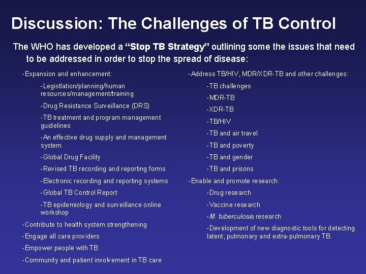 Discussion: The Challenges of TB Control The WHO has developed a “Stop TB Strategy”