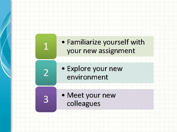 1 • Familiarize yourself with your new assignment 2 • Explore your new environment