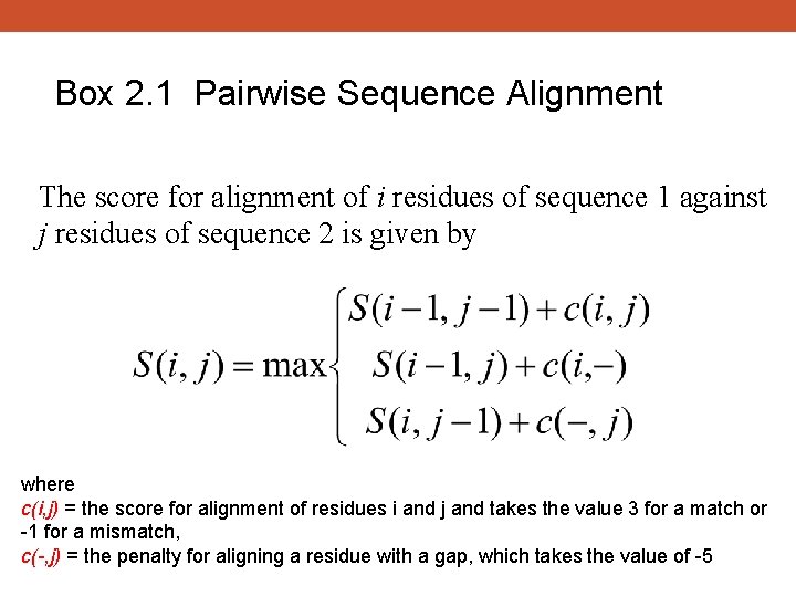 Box 2. 1 Pairwise Sequence Alignment The score for alignment of i residues of