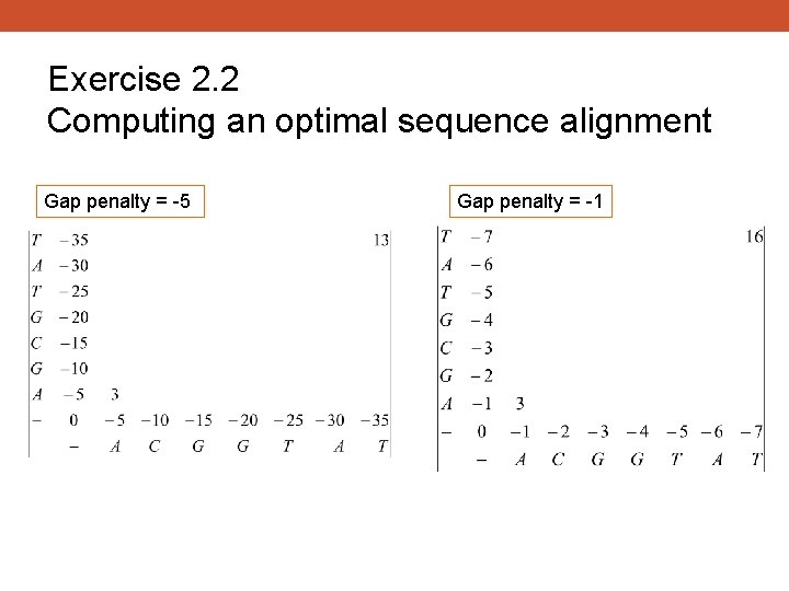 Exercise 2. 2 Computing an optimal sequence alignment Gap penalty = -5 Gap penalty
