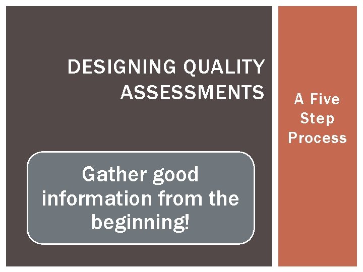 DESIGNING QUALITY ASSESSMENTS Gather good information from the beginning! A Five Step Process 
