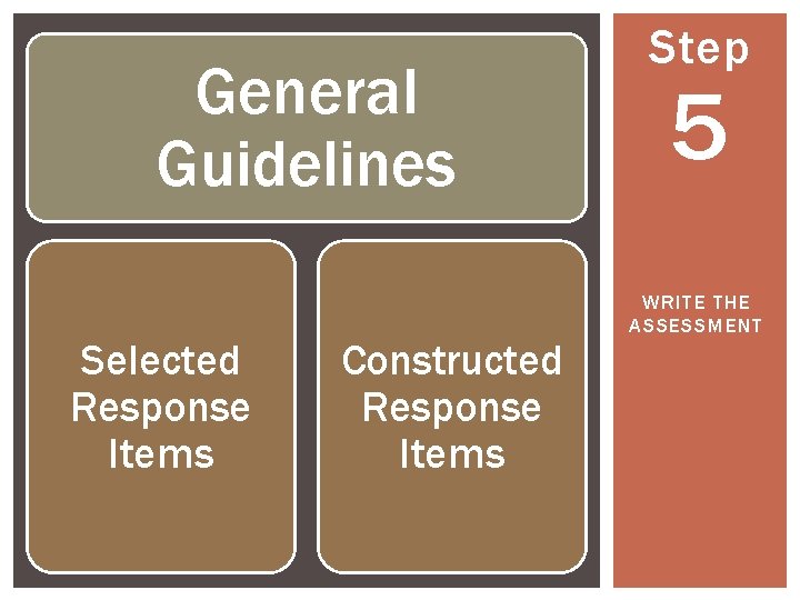 General Guidelines Selected Response Items Constructed Response Items Step 5 WRITE THE ASSESSMENT 