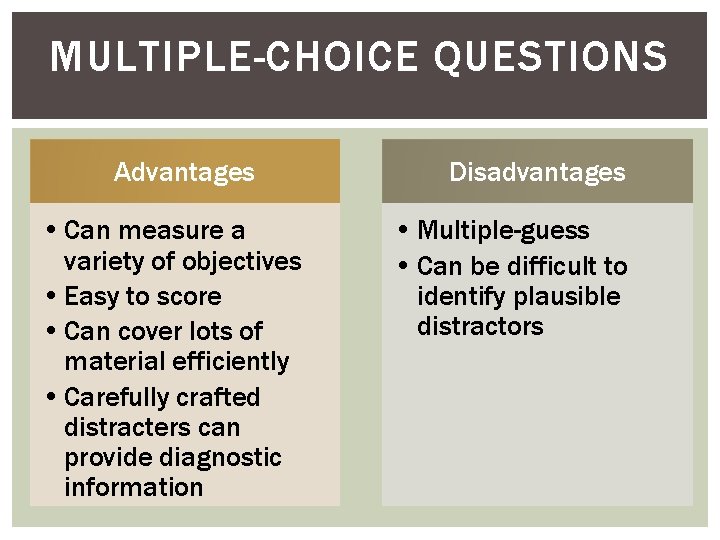 MULTIPLE-CHOICE QUESTIONS Advantages • Can measure a variety of objectives • Easy to score