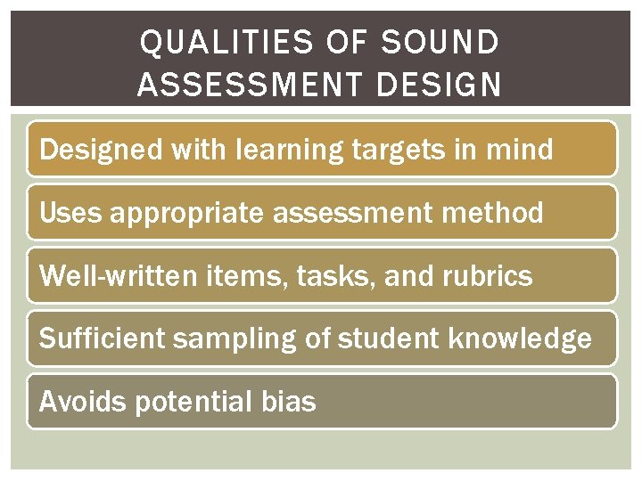 QUALITIES OF SOUND ASSESSMENT DESIGN Designed with learning targets in mind Uses appropriate assessment