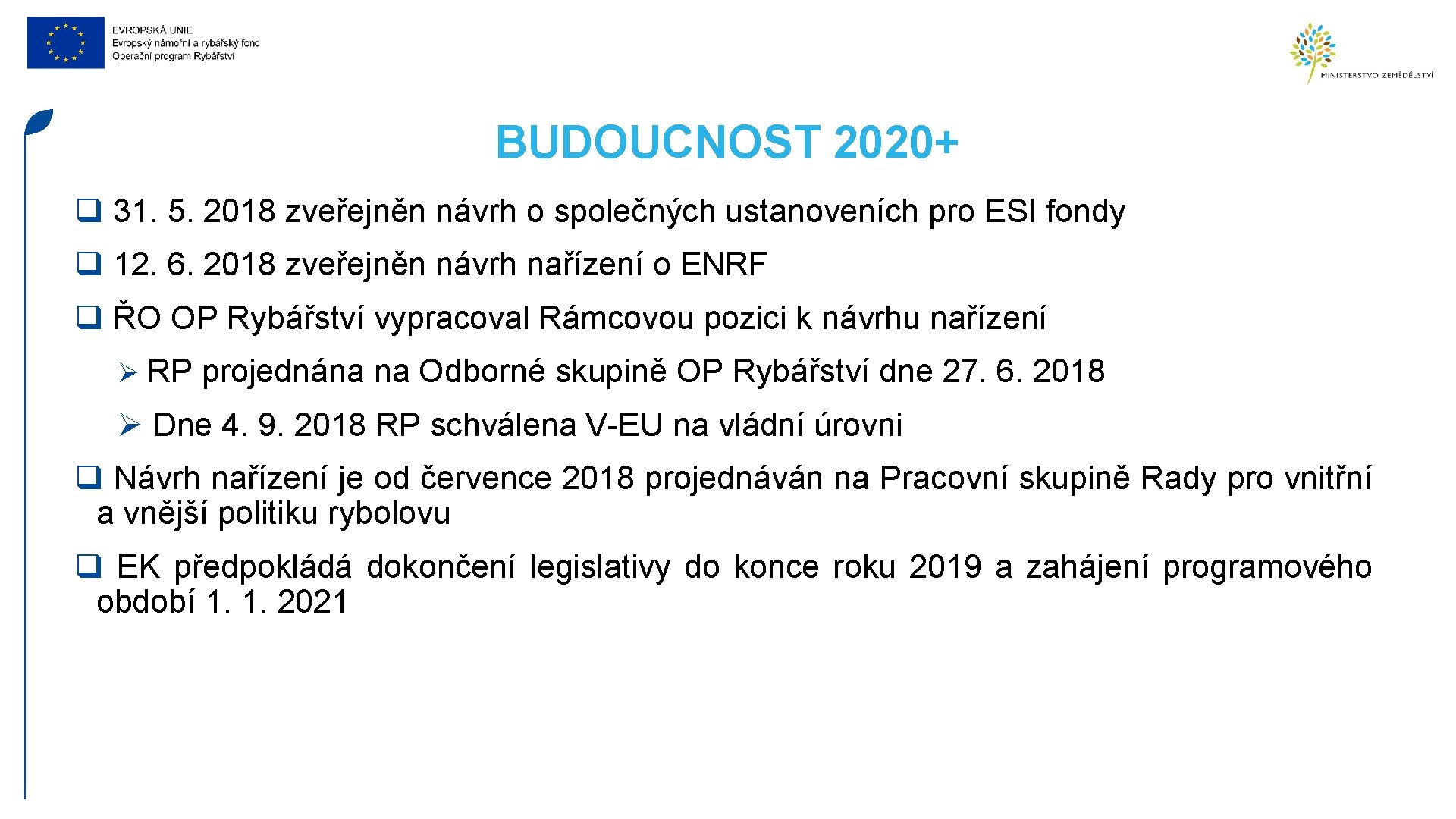 BUDOUCNOST 2020+ q 31. 5. 2018 zveřejněn návrh o společných ustanoveních pro ESI fondy