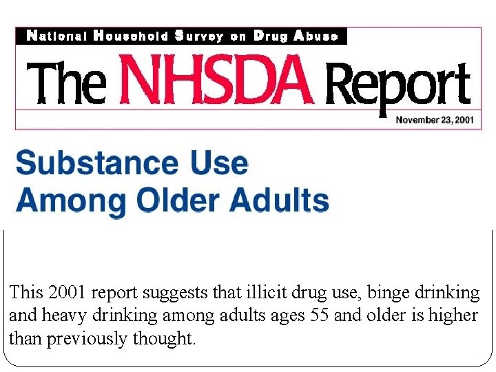 This 2001 report suggests that illicit drug use, binge drinking and heavy drinking among