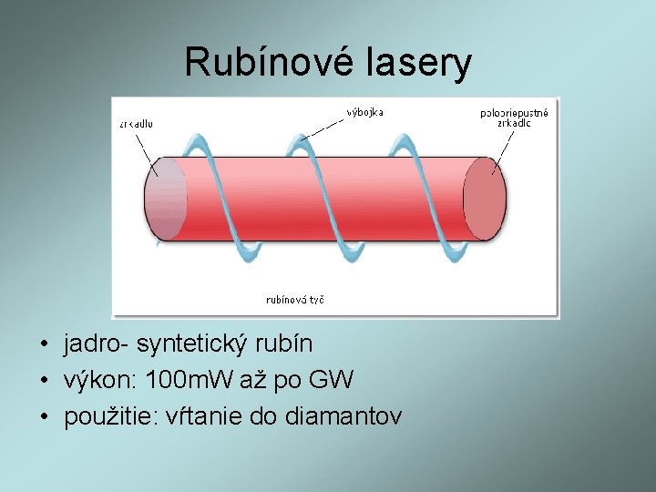 Rubínové lasery • jadro- syntetický rubín • výkon: 100 m. W až po GW