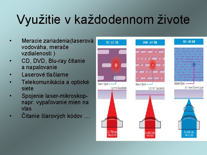 Využitie v každodennom živote • • • Meracie zariadenia(laserová vodováha, merače vzdialenosti ) CD,