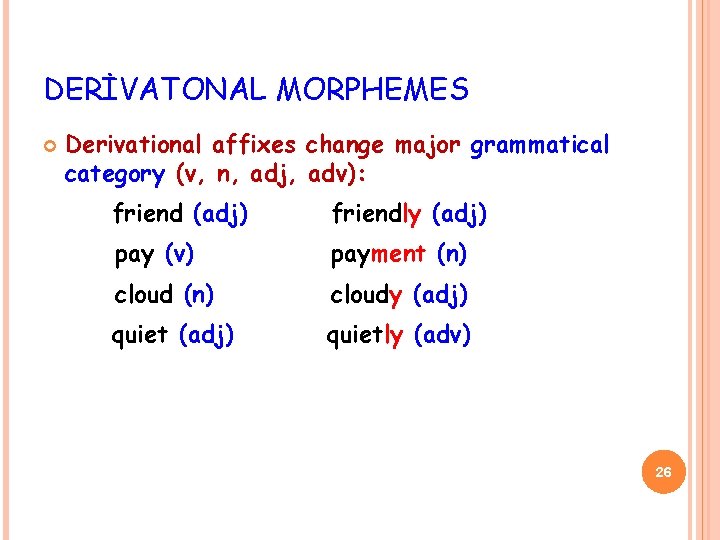 DERİVATONAL MORPHEMES Derivational affixes change major grammatical category (v, n, adj, adv): friend (adj)