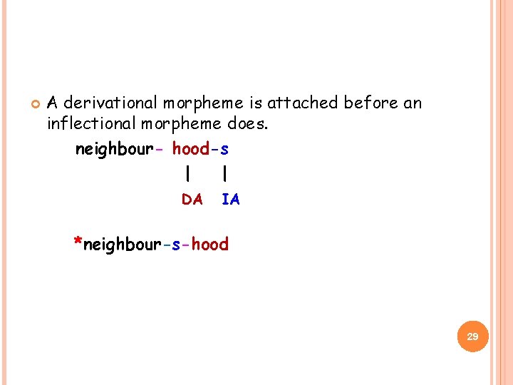  A derivational morpheme is attached before an inflectional morpheme does. neighbour- hood-s |