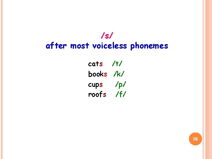 /s/ after most voiceless phonemes cats /t/ books /k/ cups /p/ roofs /f/ 38