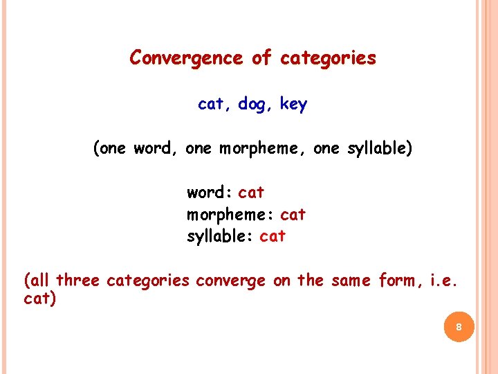 Convergence of categories cat, dog, key (one word, one morpheme, one syllable) word: cat