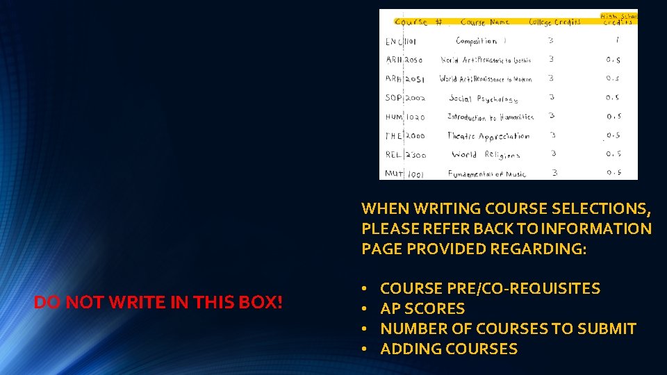 WHEN WRITING COURSE SELECTIONS, PLEASE REFER BACK TO INFORMATION PAGE PROVIDED REGARDING: DO NOT
