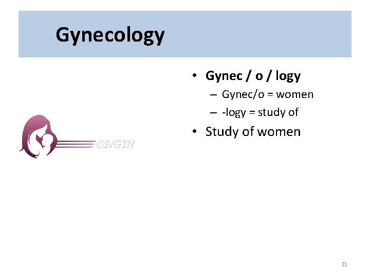 Gynecology • Gynec / o / logy – Gynec/o = women – -logy =