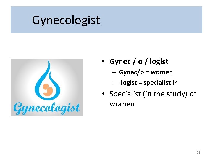 Gynecologist • Gynec / o / logist – Gynec/o = women – -logist =