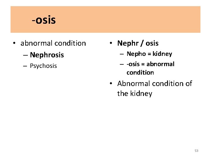 -osis • abnormal condition – Nephrosis – Psychosis • Nephr / osis – Nepho