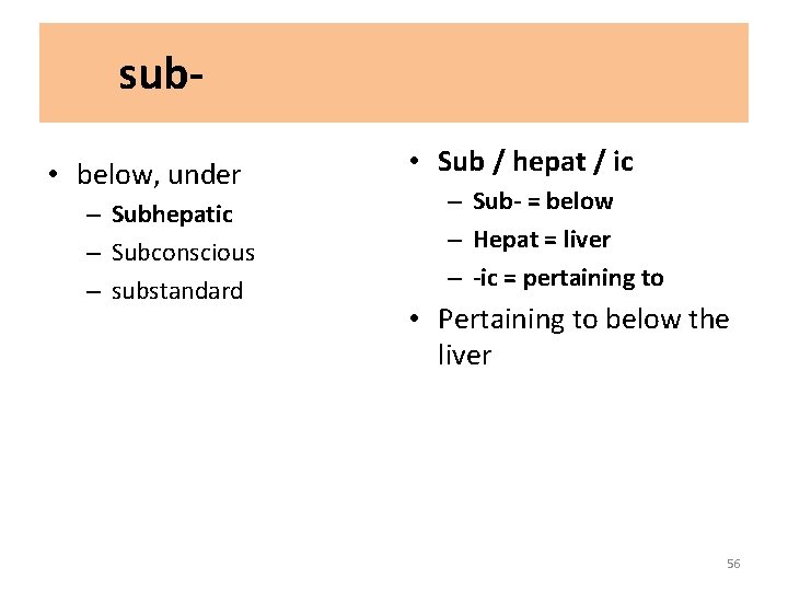 sub • below, under – Subhepatic – Subconscious – substandard • Sub / hepat