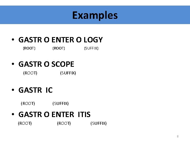 Examples • GASTR O ENTER O LOGY (ROOT) (SUFFIX) • GASTR O SCOPE (ROOT)