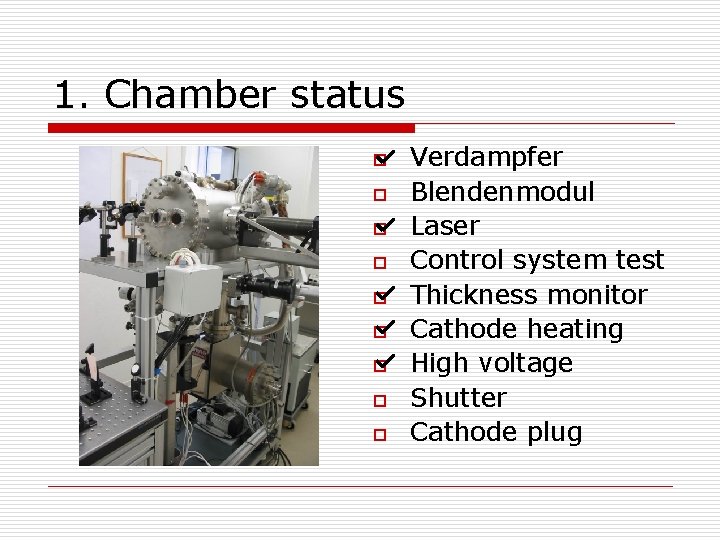 1. Chamber status o o o o o Verdampfer Blendenmodul Laser Control system test