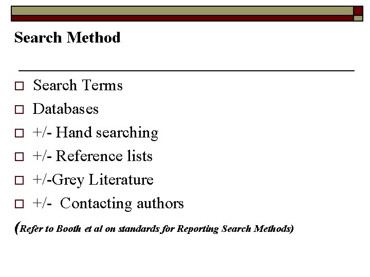 Search Method o o o Search Terms Databases +/- Hand searching +/- Reference lists