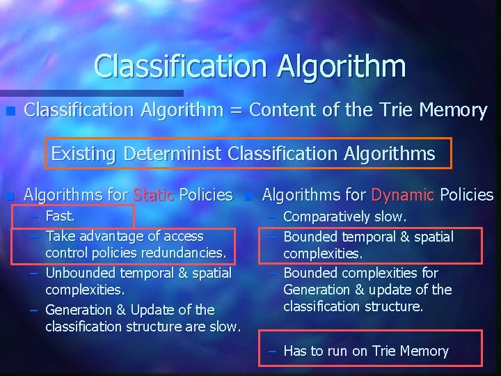 Classification Algorithm n Classification Algorithm = Content of the Trie Memory Existing Determinist Classification