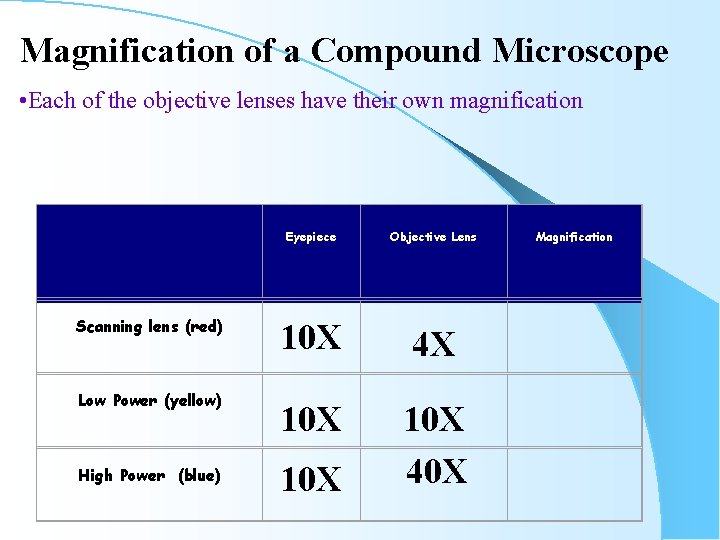 Magnification of a Compound Microscope • Each of the objective lenses have their own